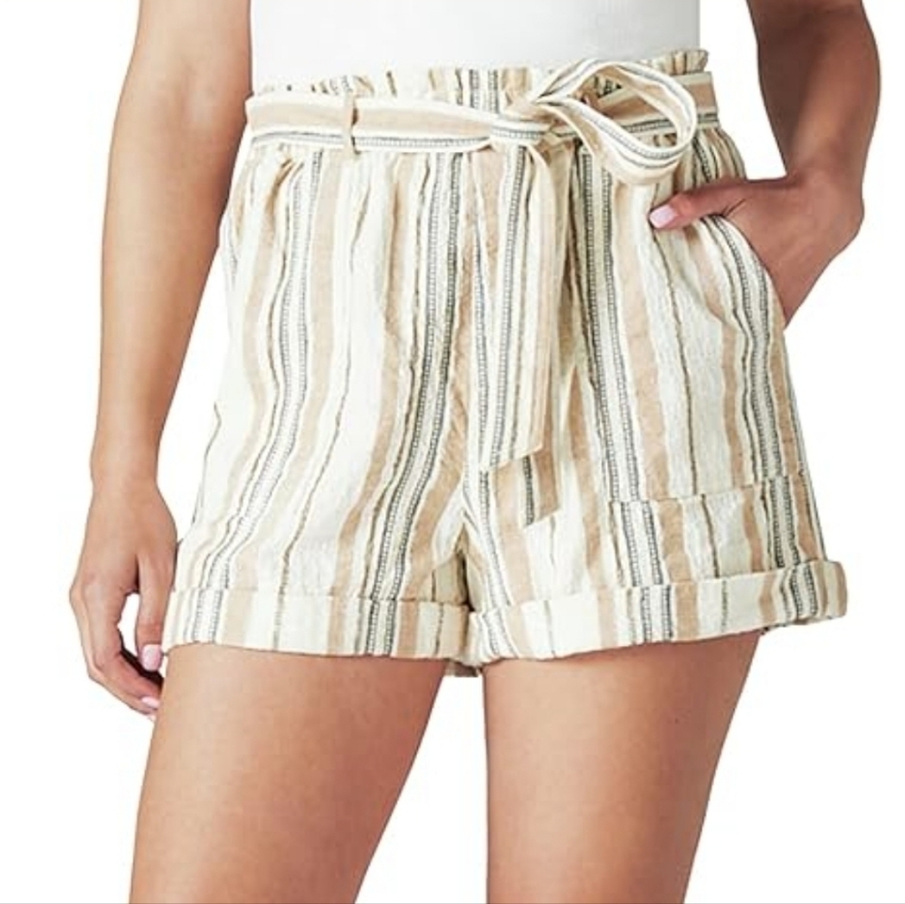 Lucky Brand Womens Paper Bag  Striped High Waist Shorts With Tie Belt Large